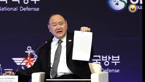 ‘BULLYING.’ Defense Secretary Gilberto Teodoro Jr. accuses China of “actual coercion, bullying, and aggression” after a note, apparently from China, was handed to him during a regional security forum in Seoul, South Korea.