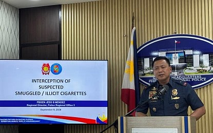 CIGARETTE SMUGGLING. Police Regional Office in Central Luzon director Brig. Gen. Jess Mendez holds a press briefing in Camp Crame, Quezon City on Wednesday (Sept. 9, 2026). He told reporters that Central Luzon police seized close to PHP1 billion worth of smuggled cigarettes and arrested 14 individuals in separate operations in Pampanga and Bataan on Sept. 7. (PNA photo by Lloyd Caliwan)