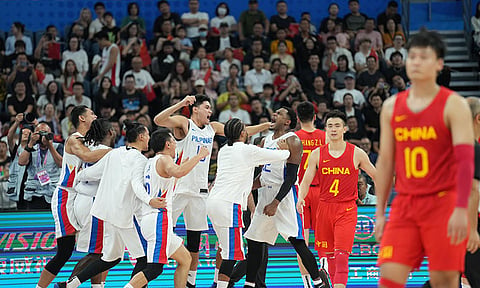 REMATCH: Ang Gilas Pilipinas nagselebrar niining higayon sa ilang pagkadaog batok China sa 2023 Asian Games. Mag-rematch ang duha sa 2026 edition sa maong torneyo sa Japan. /