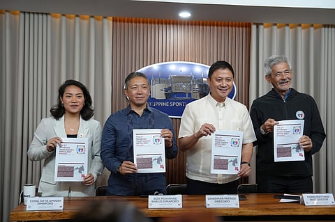 MINDANAO YOUTH GAMES 2027. From left: Lanao del Norte 2nd District Rep. Sittie Aminah Dimaporo, Gov. Mohamad Khalid Dimaporo, Philippine Sports Commission Chairman Patrick Gregorio, and Commissioner Matthew “Fritz” Gaston hold copies of the Mindanao Youth Games 2027 program during its launch in Manila. The inaugural Games will bring young athletes from across Mindanao to the Mindanao Civic Center in Tubod, Lanao del Norte, on April 11-17, 2027.