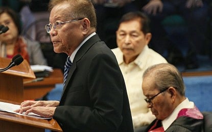'FRIENDS OF THE COURT.' Retired Chief Justices Reynato Puno (left) and Artemio Panganiban (right), and retired Supreme Court Associate Justice Adolfo Azcuna (center), appear before the Senate impeachment court as amici curiae, or “friends of the court,” on Wednesday (Sept. 16, 2026). Along with retired Chief Justice Hilario Davide Jr., they shared their legal views to assist the Senate impeachment court in determining the minimum number of votes required to convict Vice President Sara Duterte. (PNA photo by Avito Dalan)
