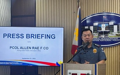 ONLINE MONITORING. Philippine National Police spokesperson Col. Allen Rae Co holds a press briefing at Camp Crame in Quezon City on Monday (Sept. 21, 2026). He said the National Telecommunications Commission has blocked two websites found to promote violence and potentially influence minors to commit violent acts. (PNA photo by Lloyd Caliwan)