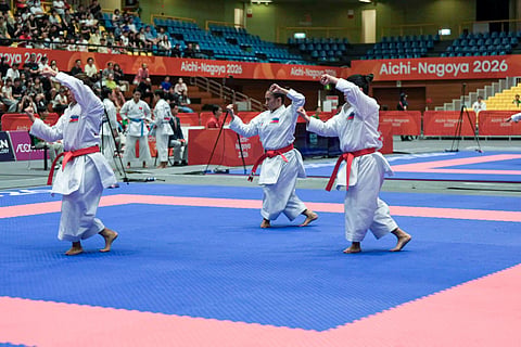 KATA IN MOTION. The Philippine women’s kata team performs during the 2026 Asian Games in Aichi-Nagoya, Japan. Samantha Emmanuelle Veguillas, Ysabielle Arrogante and Rebecca Cyril Torres advanced to the semifinals after sweeping Cambodia, 5-0.