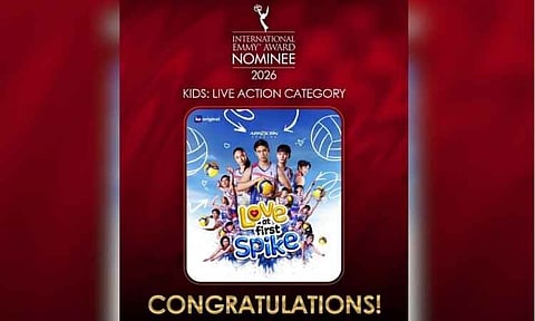 This promotional image released by ABS-CBN Studios celebrates the nomination of the iWantTFC original youth series Love at First Spike for the 2026 International Emmy Awards. The eight-episode sports-drama series, directed by Ivan Andrew Payawal, is the sole representative from the Philippines at this year's awards, competing in the Kids: Live-Action category alongside entries from Chile, the Netherlands, and the United Kingdom. Winners will be announced at the annual gala in New York City on November 23, 2026.