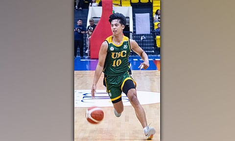 DOUBLE DOUBLE. University of San Carlos (USC) Warriors forward Jhoernel Tangkay brings the ball upcourt during one of their Cesafi Season 26 games at the Cebu Coliseum. Tangkay delivered an all-around effort with 11 points and a game-high 12 rebounds to help USC hold off CIT-U, 58-54, on Monday, Sept. 28, 2026. / SUGBOANONG KODAKER