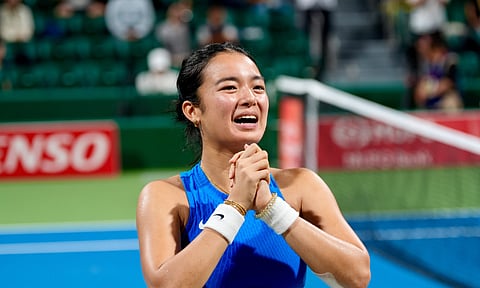 SEMIS-BOUND. Philippine tennis star Alex Eala celebrates during her Asian Games women’s singles quarterfinal match against Taiwan’s Joanna Garland in Nagoya, Japan, Wednesday, Sept. 30, 2026. Eala won 7-5, 6-0 to advance to the semifinals.