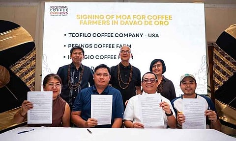 COFFEE PARTNERSHIPS. Representatives of coffee farmers and industry partners sign agreements during the Regional Coffee Expo 2026 in Davao de Oro, strengthening market linkages and opportunities for local coffee producers. The three-day expo, held Oct. 1-3, brings together farmers, cooperatives, businesses, and government agencies to promote the Davao Region’s coffee industry.