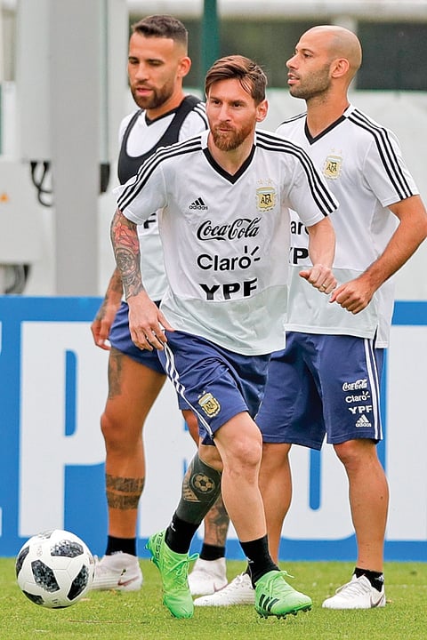 RUSSIA. Lionel Messi plays the ball during a training session of Argentina at the 2018 soccer World Cup in Bronnitsy, Russia, Tuesday, June 19, 2018. Argentina plays Croatia on Friday. (AP)