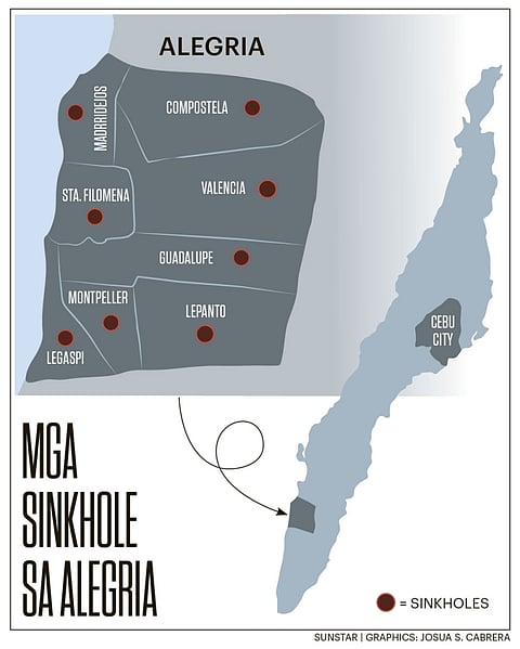 Sinkhole. Moabot sa 44 ka mga sinkhole ang nakit-an sa Mine and Geosciences Bureau (MGB) nga nahimutang sa lungsod sa Alegria sakop sa habagatang bahin sa lalawigan sa Sugbo.