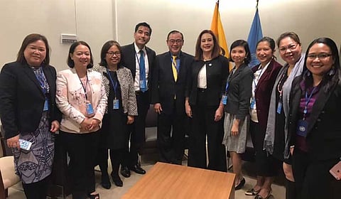 NEW YORK. The Philippine Delegation to the United Nations led by Permanent Representative Teodoro T. Locsin Jr. with Maria Fernanda Espinosa, President of the UN General Assembly, after the Philippines won its bid for a seat in the UN Human Rights Council during elections in New York on Friday. (Photo courtesy from the Department of Foreign Affairs)