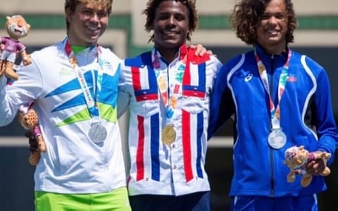 ARGENTINA. The medal winners in the kiteboarding competition at the Youth Olympic Games in Buenos Aires, Argentina on Sunday. From left: Toni Vodisek of Slovenia (silver), Deury Corniel of Dominican Republic (gold) and Christian Tio of Philippines (silver). (Photo courtesy: International Olympic Committee)