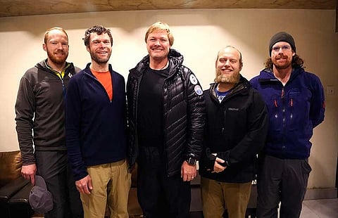 NEPAL. Professor John All, center, of Western Washington University, and his team pose for the photograph at a hotel before leaving for Everest region, in Kathmandu, Nepal, Wednesday, March 27, 2019. A team of American scientists is heading to the Mount Everest region to study how pollution has impacted the Himalayas and glaciers that are melting due to global warming. The team plans to spend the next two months in the region and climb the world's highest peak while they collect samples and study the ice, snow and vegetation. (AP)