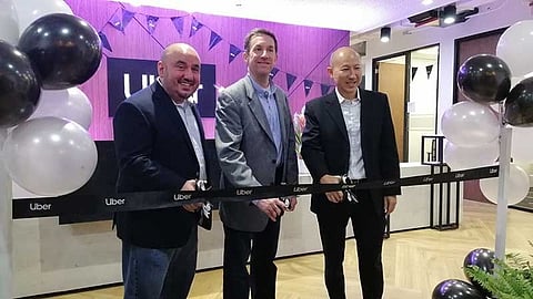 PAMPANGA. Uber Clark CoE Program Leader Ricco Gamboa, Global Head of Community Operations Troy Stevenson, and Director of Community Operations-Asia Pacific Wen-Szu Lin cut the ribbon signalling the launch of Uber's Center of Excellence in Mabalacat City. (RDF)