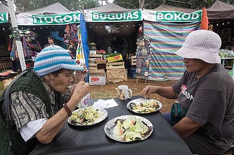 BAGUIO. A group of ladies enjoy healthy and delectable vegetable salad available at the Buguias booth inside the Ibaloi Heritage Park in Burnham. The Ibaloi community celebrates Baguio City's first Ibaloi festival until April 22. (Jean Nicole Cortes)
