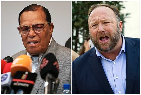 This combination of file photo shows minister Louis Farrakhan, the leader of the Nation of Islam, in Tehran, Iran, on Nov. 8, 2018, left, and conspiracy theorist Alex Jones in Washington on Sept. 5, 2018, right. Facebook has banned Louis Farrakhan, Alex Jones and others from its platform and from Instagram saying they violated its ban against hate and violence. The company said Thursday it has also banned extreme right-wing figures Paul Nehlen, Milo Yiannopoulos, Paul Joseph Watson, Laura Loomer and the conservative conspiracy site Infowars. Jones was already banned from Facebook but not from Instagram. (AP)