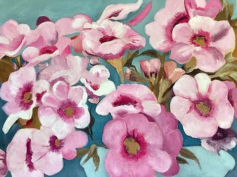 MeAn Tan Guino-o's "Pink Flowers" at Pink October exhibit at Insular Hotel (Photo MeAn Tan)