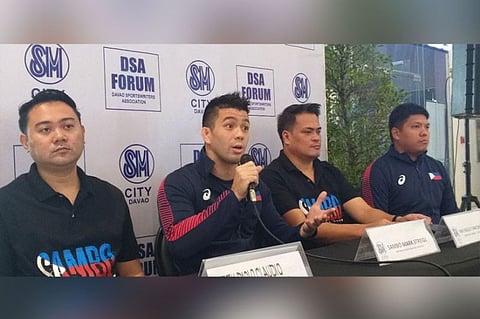 DAVAO. Southeast Asian (SEA) Games 2019 sambo gold medalist Mark Striegl, second from left, is here to promote sambo in the grassroots in an exhibition and seminar set today at Iflex Gym. He is joined by Pilipinas Sambo president Paolo Claudio, from left, secretary-general Paolo Tancontian and national coach Ace Larida during the Davao Sportswriters Association (DSA) Forum at The Annex of SM City Davao Thursday, February 5. (Marianne L. Saberon-Abalayan)