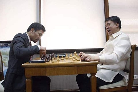 CAGAYAN DE ORO. Senators Koko Pimentel and Manny Pacquiao during one of their friendly chess matches. (Contributed photo)