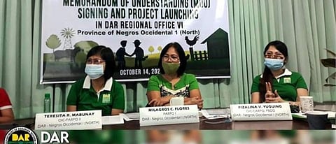 BACOLOD. (From left) DAR-Negros Occidental I Officer-In-Charge (OIC) Provincial Agrarian Reform Program Officer II Teresita Mabunay, Provincial Agrarian Reform Program Officer I Milagros Flores, and OIC-Chief Agrarian Reform Program Officer of Program Beneficiaries Development Division Rizalina Yuguing during the virtual launching of Enhanced Partnership Against Hunger and Poverty project on Wednesday, October 14, 2020. (Contributed Photo)