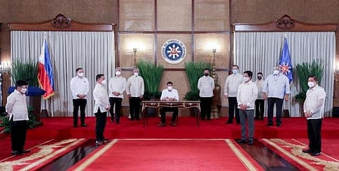 MANILA. In this photo released by MalacaƱang on Thursday, June 17, 2021, some officials are still wearing face shields as mandated by the Department of Health. (MalacaƱang)