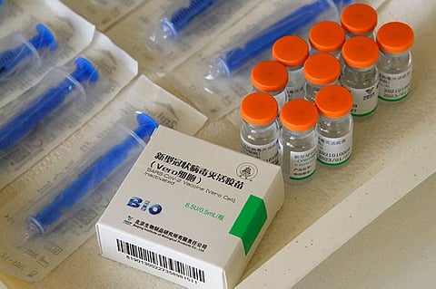 HUNGARY. In this April 1, 2021 file photo, vials of Covid-19 vaccines produced by Chinese Sinopharm are seen in the office of general practitioner Gyorgy Teleki in Taplanszentkereszt, Hungary. (AP)