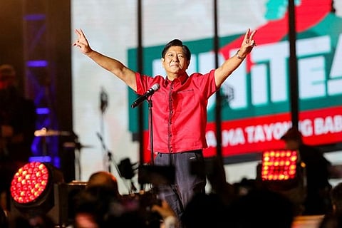 MANILA. Former senator Ferdinand "Bongbong" Marcos Jr. speaks to supporters during his proclamation rally promoting his presidential bid for the 2022 national elections at the Philippine Arena, Bulacan province, north of Manila, Philippines on February 8, 2022. (AP)