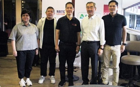 Officials of the National Basketball Training Center (NBTC) pose for a photo opportunity after launching of the league's national finals at the Mall of Asia Arena's Premier Cafe on Thursday (March 2, 2023). From left, Under Armour Philippines senior marketing manager Jojo Estacio, Samahang Basketball ng Pilipinas (SBP) Executive Director and Gilas Pilipinas team manager Butch Antonio, NBTC founder and program director Eric Altamirano, SM Prime Holdings Chairman Hans Sy and PLDT 1st Vice President and Head of Sports Jude Turcuato. (PNA photo by Jess Escaros)