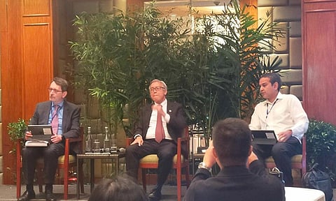 COLLECTIVE SOLUTION. From left, International Monetary Fund (IMF) Asia and Pacific Department Division Chief Dr. Thomas Helbling, Bangko Sentral ng Pilipinas (BSP) Gov. Felipe Medalla, and IMF Asia and Pacific Department Division Chief of Regional Studies Dr. Shanaka Jayanath Peiris talk to the press at the BSP-IMF Conference for Financial Risk Summit at the Shangri-La Mactan Cebu on Monday, May 15, 2023. The gathering looked at how Asia can find a collective solution to global challenges to financial stability. / DELTA DYRECKA LETIGIO