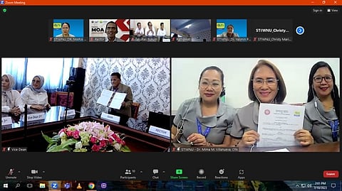 Executives of the Galuh University and STIWNU Bacolod holding the memorandum of agreement after the virtual signing of the agreement on July 10.