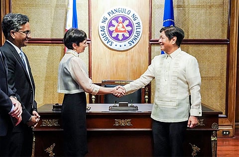 MANILA. President Ferdinand Marcos Jr. thanks Outgoing French Ambassador to the Philippines Michèle Boccoz during a farewell call in Malacanang on Tuesday, July 11, 2023. (Presidential Communications Office)