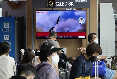 A TV screen shows an image of North Korea's missile launch during a news program at the Seoul Railway Station in Seoul, South Korea, Wednesday, July 12, 2023. North Korea launched a ballistic missile toward its eastern waters Wednesday, its neighbors said, two days after the North threatened "shocking" consequences to protest what it called a provocative U.S. reconnaissance activity near its territory.(AP Photo/Ahn Young-joon)
