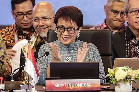 INDONESIA. Indonesian Foreign Minister Retno Marsudi applauds during the opening of the Meeting of the Southeast Asia Nuclear Weapon Free Zone Commission at the Association of Southeast Asian Nations (Asean) Foreign Minister's Meeting in Jakarta, Indonesia, Tuesday, July 11, 2023. (AP)