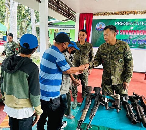 ZAMBOANGA. Fourteen followers of the Basilan-based Abu Sayyaf Group (ASG) have surrendered on Wednesday, October 4, 2023, amid the government’s intensified counter-terrorism campaign coupled with the reported death of their leader. A photo handout shows Major General Ignatius Patrimonio, Joint Task Force-Orion commander (right), welcoming the ASG surrenderers in a ceremony at Camp Luis Biel, II in Basilan while Brigadier General Alvin Luzon, 101st Infantry Brigade commander, looks on. (SunStar Zamboanga)