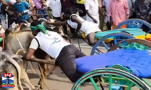 ஓட்டுநர் இல்லாமல் 1 கி.மீ தூரம் ஓடிய ரேக்ளா வண்டி மாடுகள்
