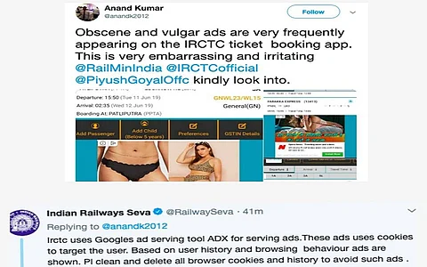 ഐആര്സിടിസി ആപ്പിലെ അടിവസ്ത്രപ്പരസ്യം സഹിതം ട്വീറ്റ്: പരാതിപ്പെട്ടയാള്ക്ക് എട്ടിന്റെ പണി