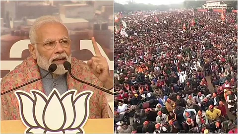 മോഡിയുടെ രാംലീല പ്രസംഗത്തിനിടെ ഒറ്റയാള് പ്രതിഷേധം; കാണികള്ക്കിടയില് നിന്നും ഒരാളെ പൊലീസ് പുറത്താക്കി