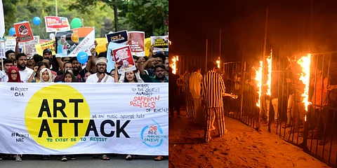 ആര്ട്ട് അറ്റാക്ക് ; ‘തടങ്കല് പാളയങ്ങള്’ കത്തിച്ച് പൗരത്വ ഭേദഗതി നിയമത്തിനെതിരെ കോഴിക്കോടിന്റെ പ്രതിഷേധം