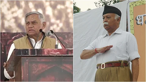 ആര്എസ്എസ് മേധാവിക്കൊപ്പം വേദി പങ്കിട്ട് കോണ്ഗ്രസ് നേതാവ്; ജനാര്ദ്ദന് ദ്വിവേദിക്കെതിരെ രൂക്ഷവിമര്ശനം