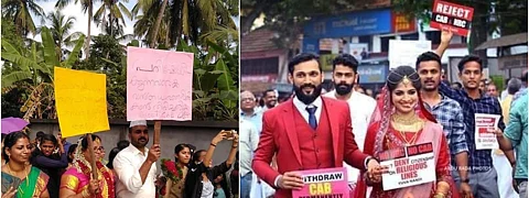 ‘ഭരണഘടനയാണ് നമ്മെ ഒന്നിപ്പിക്കുന്നത്’; പ്ലക്കാഡുകളും ബാനറുകളുമായി വധൂവരന്മാര്; Photo Story