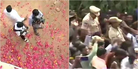 പൊലീസുകാരെ തോളിലേറ്റി മധുരം നല്കി ആഹ്ലാദ പ്രകടനം ; ഹൈദരാബാദ് പ്രതികളെ വെടിവെച്ച് കൊന്നതില് ആള്ക്കൂട്ട ആഘോഷം