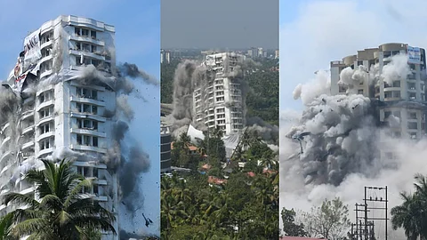 വീടുകള്ക്ക് കേടുപാടുകളില്ല,ആല്ഫയുടെ ഒരു ഭാഗം വീണത് കായലില്, ശേഷിപ്പായി കോണ്ക്രീറ്റ് കൂന