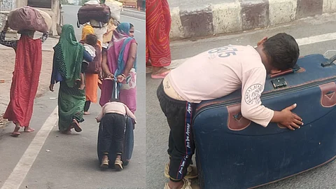 'നടന്നുതളര്ന്ന് സ്യൂട്ട്കേസിന് മുകളില് കിടന്നുറങ്ങുന്ന കുട്ടി, ചരടുകൊണ്ട് കെട്ടിവലിച്ച് അമ്മ'; ലോക്ക്ഡൗണില് വേദനായി ചിത്രം