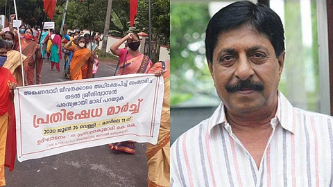 'പരസ്യമായി മാപ്പ് പറയണം', ശ്രീനിവാസന്റെ വീടിന് മുന്നില് അങ്കണവാടി ടീച്ചര്മാരുടെ പ്രതിഷേധം