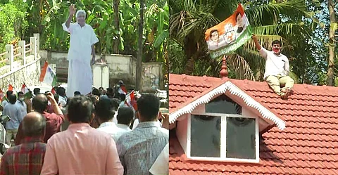 ഇല്ലാ, വിട്ടുതരില്ല, കുഞ്ഞൂഞ്ഞിനെ; ഉമ്മൻചാണ്ടിയ്ക്കായി പുരപ്പുറത്തേറി പ്രതിഷേധം
