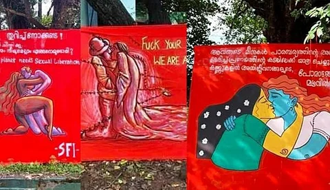 ലൈംഗിക വിമോചന പോസ്റ്ററുകള്ക്കെതിരെ സൈബര് ആക്രമണം, കേരളവര്മ്മയിലെ സ്വാഗത ബോര്ഡുകള് പിന്വലിച്ച് എസ്.എഫ്.ഐ