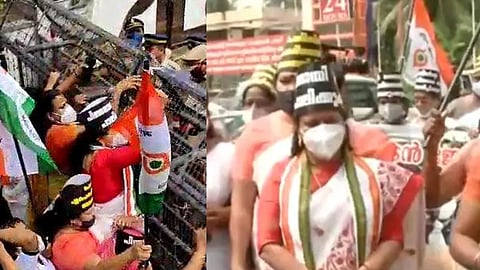 'ജോജു ജോര്ജിനെന്താ കൊമ്പുണ്ടോ?' മരട് പൊലീസ് സ്റ്റേഷനിലേക്ക് മാര്ച്ച് നടത്തി മഹിളാ കോണ്ഗ്രസ്