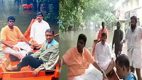 പ്രളയബാധിത പ്രദേശങ്ങളില് ബി.ജെ.പി നേതാക്കളുടെ ഫോട്ടോഷൂട്ട്; കണങ്കാലോളം മാത്രമുള്ള വെള്ളത്തില് ബോട്ടില് സഞ്ചാരം