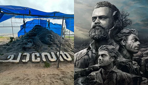 'ചാവേറു'കള് മണലില് മുനമ്പത്ത്; ഡാവിഞ്ചി സുരേഷിന്റെ മണല് ശില്പ്പം