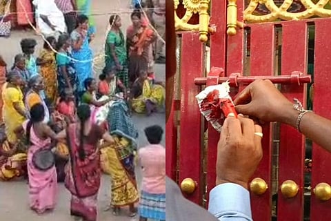 मंदिर के मुख्यद्वार पर लगी सील खोलते अधिकारी व मंदिर में प्रवेश करते दलित समाज के लोग।