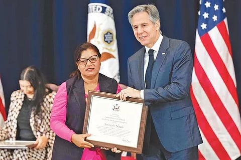 Saraswati Nepali being felicitated by US Secretary of State Anthony Blinken